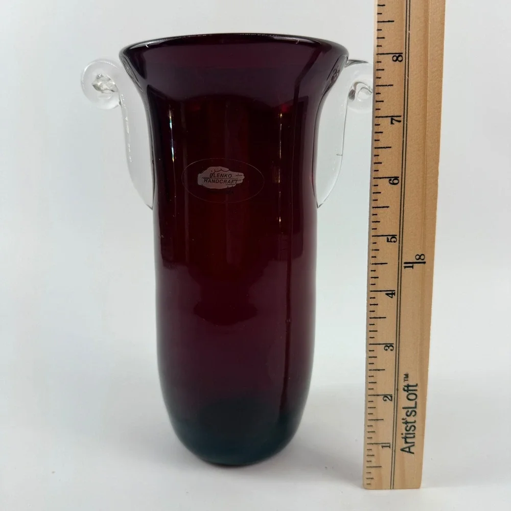 Blenko Ruby Red Glass Vase Non-Catalog Applied Clear Scroll Handles Silver Label